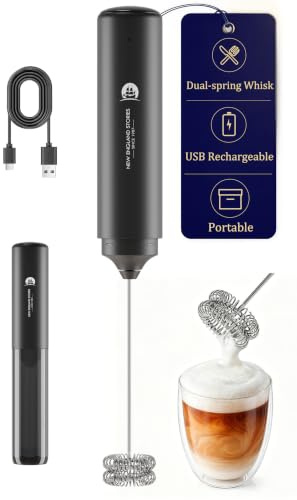 Rechargeable Milk Frother Handheld, 2-IN-1 Dual Spring Whisk Electric Frother Wand for Cappuccino Latte Macchiato, Portable Drink Mixer for Coffee, Matcha, Hot Chocolate