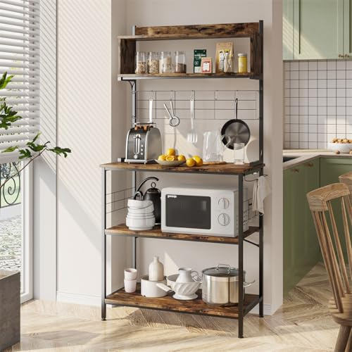 Bestier 80cm Bread Rack & Microwave Rack with 4 Shelves, Multi-functional Coffee Bar Shelf, 8 Side Hooks, Open Shelf Suitable for Kitchens, Dining Rooms, Living Rooms (brown)