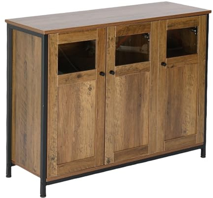 Relaxdays Sideboard with Glass Doors, HxWxD: 75 x 100 x 35 cm, Kitchen Storage Unit, Wood Effect, Brown/Black, Fibreboard, Steel