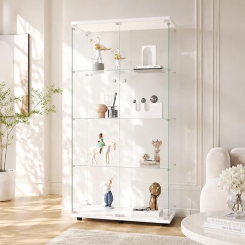 Zorvani Glasvitrine Standvitrine, Glasvitrine Stehend mit 4 Lagen Glas, Vitrinenschrank 2 TüR & Schloss Vitrine Glasschrank für Wohnzimmer Büro Sammlerstücke (Weiß+Ohne LED, 4 Etagen, 2 Tür)