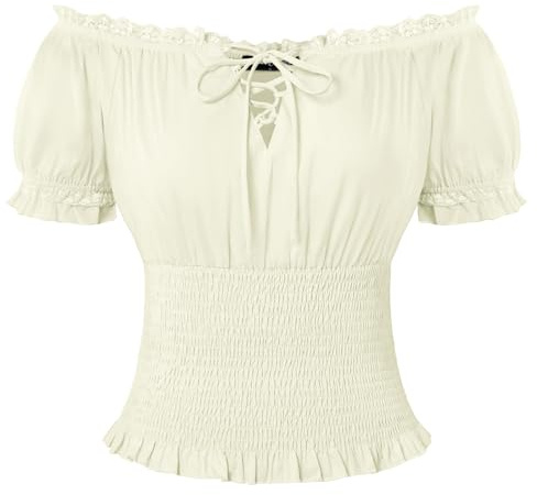 SCARLET DARKNESS Damen Trachtenbluse Schulterfrei Mittelalter Bluse | Gesmokte Taille Baumwolle Tops, Kurzarm Sommerbluse, Mittelalter Renaissance Oberteil Piratenbluse Karneval Kleidung