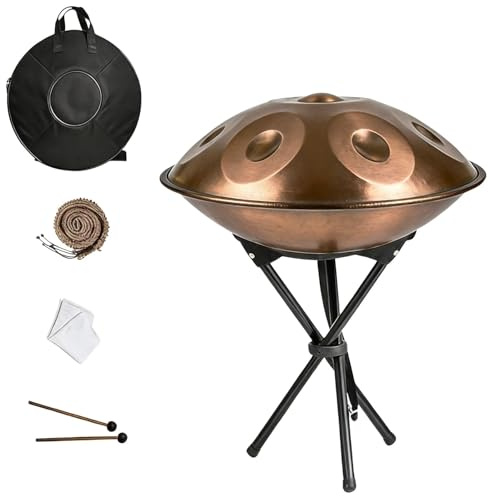 Handpan 22 Zoll für Klangheilung 9 Töne 10 Töne 12 Töne Hand Pan Drum für Meditation Handpan Drum 440HZ/432HZ mit Soft Bag Mallets Ständer Seilkante Cleaning Cloth(Gold,432HZ/10 Note)