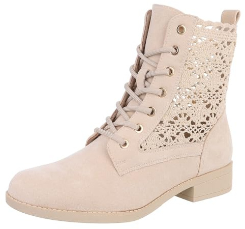 Ital Design Damen Stiefeletten mit Schnürung und Blockabsatz, runde Spitze, Beige, Gr. 38