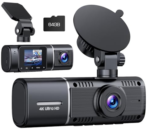 4K Dashcam Auto Vorne und Innen mit Akku, 2160P+1080P Dual Dash Cam mit 64GB Karte, Infrarot Nachtsicht, 170° Weitwinkel, G-Sensor, Parküberwachung, Autokamera Ideal für Berufsfahrer & Familien