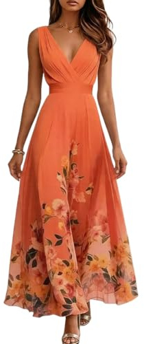 shownicer Robe Femme Chic Et Elegant Col en V sans Manche Robe Longue Imprimé Fleurs Robes De Ceremonie Printemps Été