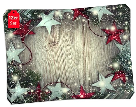 Tischsets I Platzsets Weihnachten Sterne in rot und Silber - 12 Stück 44 x 32 cm in Aufbewahrungsmappe - Die besondere Tischdekoration für Weihnachten, Advent oder Weihnachtsfeier