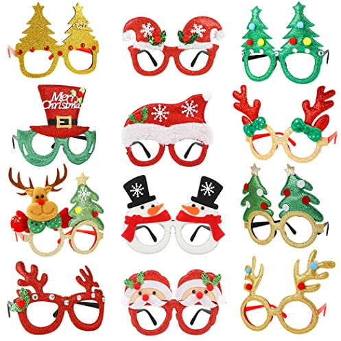 Joyibay Weihnachtsbrillen, 12 Stück Partybrillen Set Kreative Weihnachten Brillen Party Gläser Cartoon Nette Sortierte Kinder Partybrillen Lustige Brille für Partydekoration