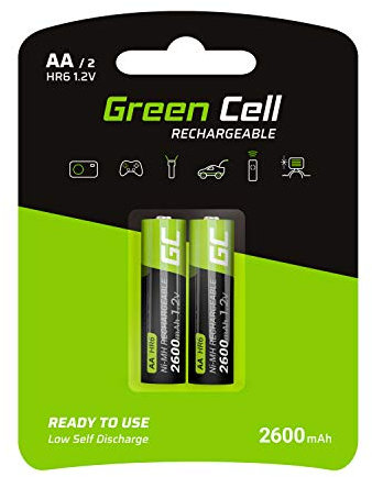 GREEN CELL Akku 2600 mAh 1.2V 2 Stück Mignon wiederaufladbare Batterien AA, Typ NI-MH, 1.2v vorgeladen, hohe Kapazität, zuverlässige Akku Batterien AA, langlebige Batterie AA Lösungen