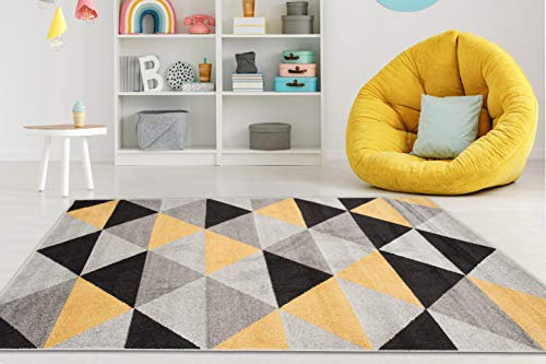 Carpeto Rugs Teppich Wohnzimmer Kurzflor Grau Modern Geometrisch Rauten Muster - Niedrigflor Teppich für Wohnzimmer Jugenzimmer Kinderzimmer/Öko-Tex Pastell Gelb 120 x 170 cm