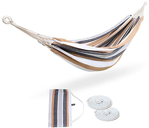 ROOITY Deluxe Hängematte mit Tragetaschen, Braun mit weißen Streifen, 241,3 cm L x 152,4 cm B