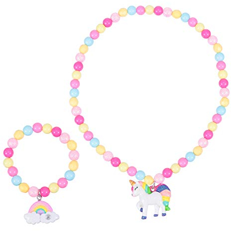 2 Stück/Set Einhorn Perlenkette Und Armbänder Set Regenbogen Pony Perlen Armbänder Einhorn Anhänger Halskette Geburtstag Ostern für Jugendliche Kinder Mädchen