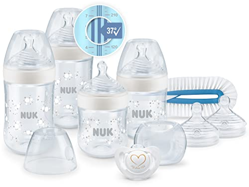 NUK Nature Sense Perfect Start - Juego de biberones para bebé, biberones, pantalla de control de temperatura, tetina de silicona, cepillo para biberón, chupete de silicona Genius, 0-6 meses, BPA