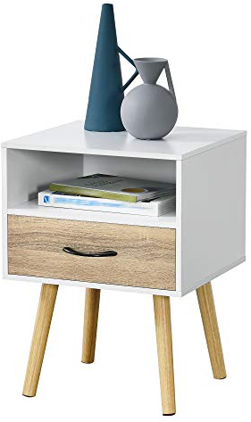 [en.casa] Beistelltisch Gävle Wohnzimmertisch 57 x 42 x 40 cm Nachttisch mit Schublade Sofatisch Nebentisch Kaffeetisch mit Ablagefach Weiß/Eiche