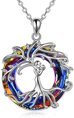 Baum des Lebens Mama Halskette, 925 Sterling Silber Göttin Baum Anhänger mit Kristall, AOBOCO Schmuck Geschenke für Frauen (Vulkanisch)