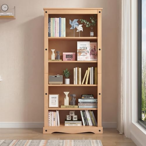 Panana Solid Pine Wood 3/4/5 Tier Bookcases Mexican Style Display Cabinet Shelf Storage Cupboards for Home Office Kitchen Living Room (5 Tier: W 80cm x D 35cm x H 180cm)