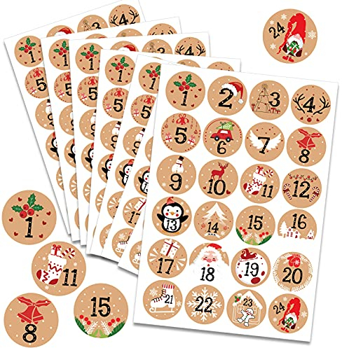 HOWAF Adventskalender Aufkleber (Zahlen 1-24) 192 Stück Kraft Zahlen Sticker für Weihnachten Kalender zum selber basteln, selbstklebend Adventskalenderzahlen Etiketten Nummern für Papiertüten