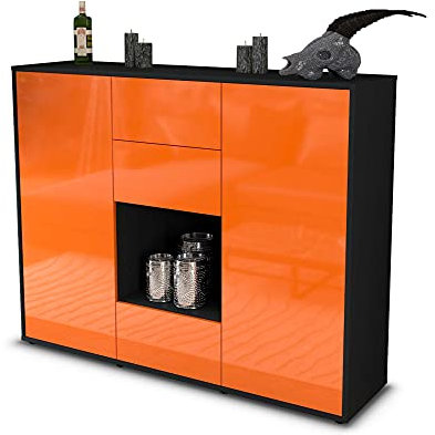 Stil.Zeit Highboard Kommode Nora, Korpus anthrazit matt, Front Hochglanz-Design Mandarine (136x108x35cm), Push-to-Open Technik & Leichtlaufschienen