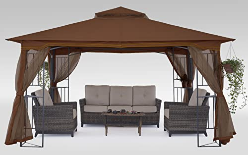 MasterCanopy 3,4 x 3,4 m Terrassen-Gartenlaube mit Netzwänden und Eckregal für Garten, Hof, Braun