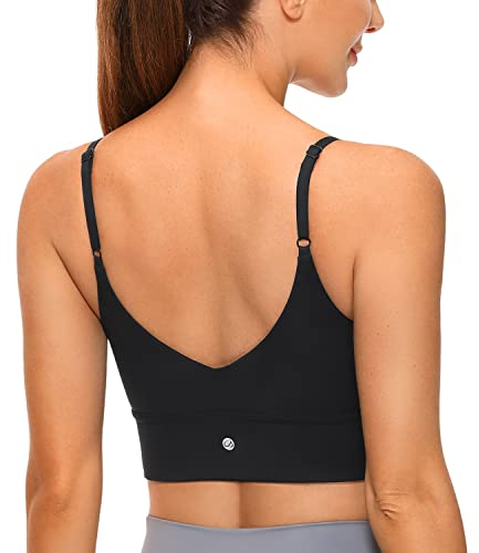 CRZ YOGA Damen Yoga Gepolstert Sport BH Ohne Bügel Spaghetti Top V Back Verstellbar Träger Fitness Bra Schwarz M