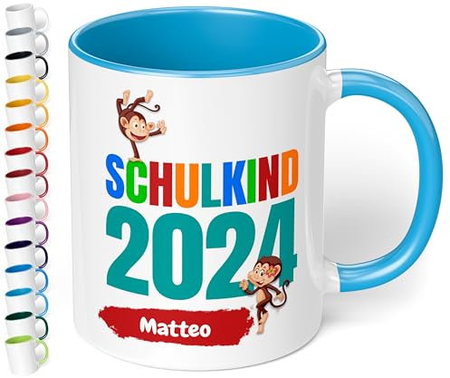 Geschenk zur Einschulung für Mädchen und Jungen: personalisierte Tasse Schulkind 2025 Affen-Motiv mit Namen, Hellblau