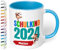 Geschenk zur Einschulung für Mädchen und Jungen: personalisierte Tasse Schulkind 2025 Affen-Motiv mit Namen, Hellblau