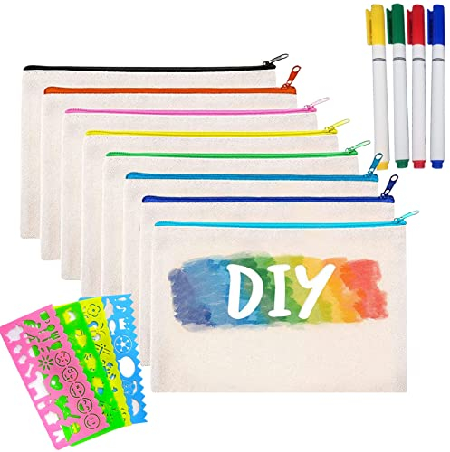 8 Stück DIY Blanko Stoffbeutel, Stoff Federmäppchen, Make up Taschen aus Segeltuch mit Reißverschluss, Stoffbeutel zum Bemalen mit 4 Graffiti Stifte und 4 Zeichenvorlagen für Arbeit Schule Reisen