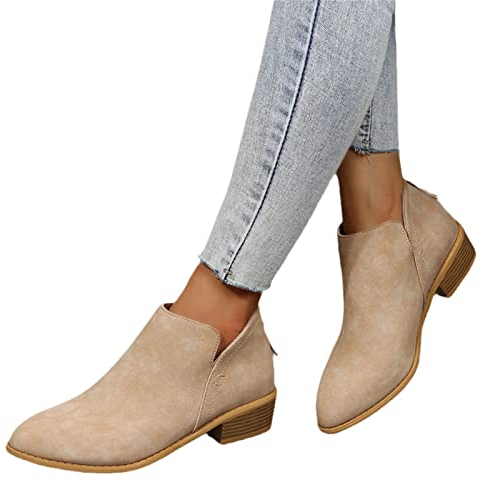 MIYYO Elegant Stiefeletten Damen Chelsea Ankle Boots Mit Blockabsatz Biker Booties Mit Reißverschluss Frauen Herbst Winter Knöchel Schuhe Freizeit Kurz Stiefel Für Party (Color : Beige, Size : 40 EU)