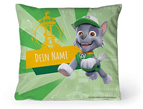 PICANOVA – PAW Patrol Rocky Kissen mit Name 60x60cm – mit Füllung – Text individuell Bedruckt – Zierkissen Dekokissen – Schlaf- und Wohnzimmertauglich