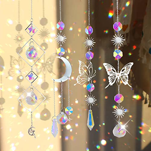 OPAHUTER Kristall Anhänger Deko, 4 Stück Sonnenfänger Kristall Windspiel,Silber Mond Stern Regenbogen Hanging Kristall Suncatcher Innen- und Außendekor für Fenster, Schlafzimmer oder Garten (B)