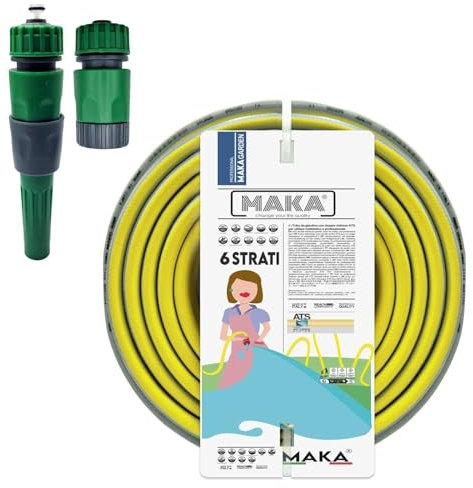 MAKA Kit Tubo Acqua Giardino 1/2 Pollice 12.5mm con Accessori Innesto Rapido Pressione 40 Bar 6 Strati Flessibile con Doppio Rinforzo Retinato Antitorsione Resiste Caldo Gelo UV Riciclabile (50 mt)