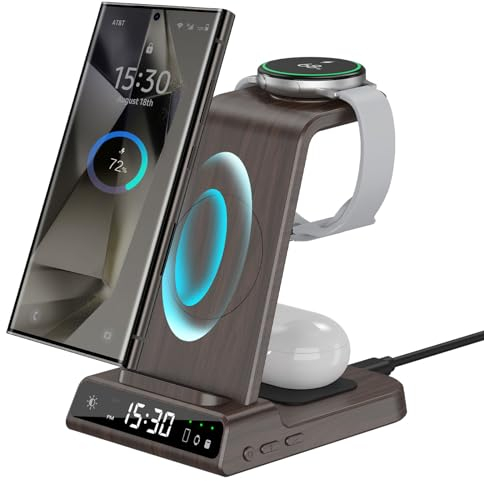 Wireless Charger für Samsung Galaxy S25 Ultra, Induktive Ladestation mit Digitaluhr für Samsung Galaxy Watch 7/Ultra, 3 in 1 Ladestation Samsung für Galaxy S24/S23, Galaxy Watch 6, Active 2, Buds