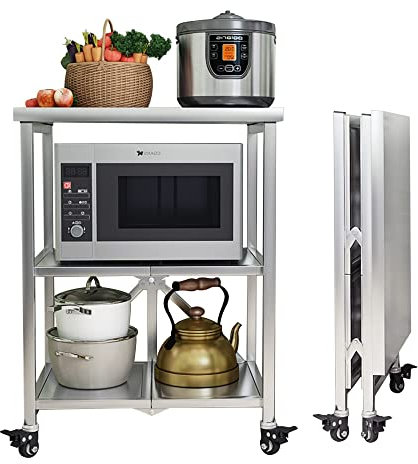 Desserte à Roulettes Pliante Pliant Chariot de Cuisine en acier inoxydable avec roues rotatives, étagère de salle de bain pour four à micro-ondes avec roues de verrouillage pour Buanderie Bureau ( Col