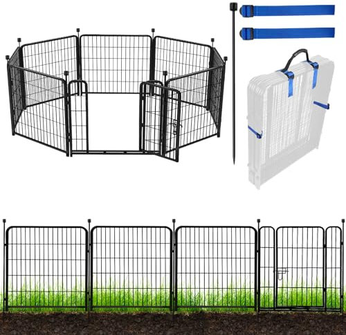 ADAVIN Hoher Gartenzaun mit Tor, 101,6 cm (H) 8 Paneele, Tierabsperrzaun, robuster Eisen-Metallzaun und -umrandung, für drinnen und draußen, Hunde-Laufstall, Blumenbeetzaun, insgesamt 4,7 m (L),