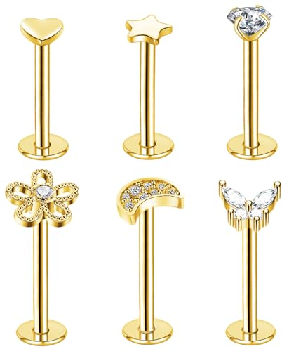 Besyvvin 6er Lippenpiercing Labret Stecker 1,2mm Chirurgenstahl Piercing Lippe Helix Tragus Knorpel Steckers 10mm Silber Gold