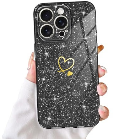 Glitter iPhone 15 Pro Max Case for Girls Women, Sparkly Bling Cute Gold Love Heart Pattern Design Phone Case Soft Silicone Shockproof Protective Bumper Cover for iPhone 15 Pro Max -Black
