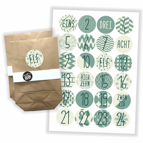 Watt n KRAM Adventskalender Aufkleber Papiertüten Set - 24 Etiketten grün-beige/nur Sticker