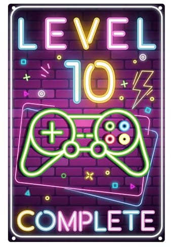 Retro Blechschild 10. Geburtstag Junge, LEVEL 10 COMPLETE Türschild Kinderzimmer, 10 Jahre Geburtstag Deko, lustiges Geburtstagsschild 10, Gamer Geburtstagskarte 10, Geschenk für Mädchen und Junge