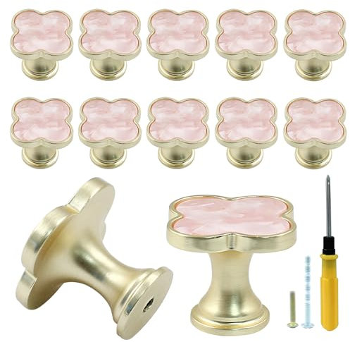 Bonsicoky 12 Pcs Four-Leaf Drawer Pulls Knobs, Gold Dresser Cabinet Knobs Pulls for Kitchen Cabinet Cupboard Door Furniture Decorative, Pink