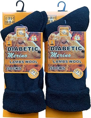 reshmena® 2 Merino Diabetic Mens Wool Socks Loose Top Men Wool Non-Elastic Sock's Mens Thick Boot Socks Winter Sock 2.4 TOG UK Size 6-11 Black