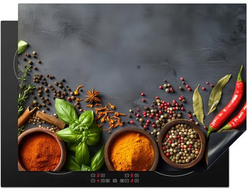 KitchenYeah© Herdabdeckplatte 70x52 cm Einteilig Induktionsmatte Küche Abdeckung Ceranfeld Herd Abdeckplatte Deko Vinyl Matte Aufrollbar Kräuter - Beton - Gewürze - Pfeffer