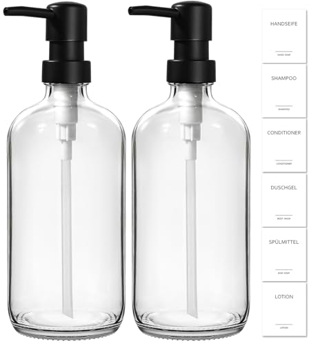 GMISUN Seifenspender Glas, 500ml Handseifenspender mit Plastik Pumpe und Etiketten, 2 Stück Spülmittelspender für Küche und Badezimmer, modern Flüssigseifenspender, Soap Dispenser