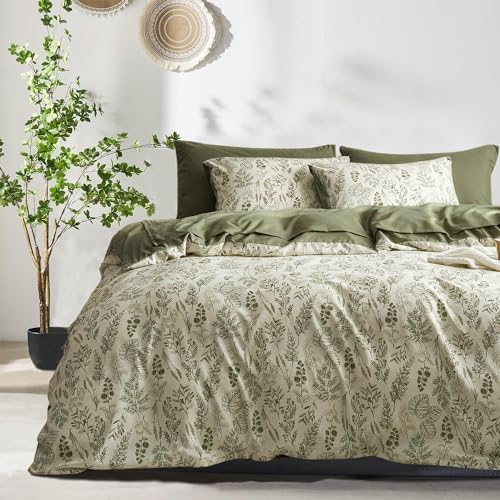 Tospass Blumen Bettwäsche 155x220 cm Olivgrün Weiß Blätter Pflanzen Muster Bettwäsche Set Floral Bettbezug Mikrofaser Wende Bettwäsche 1 Deckenbezug mit Reißverschluss 1 Kissenbezug 80x80 cm