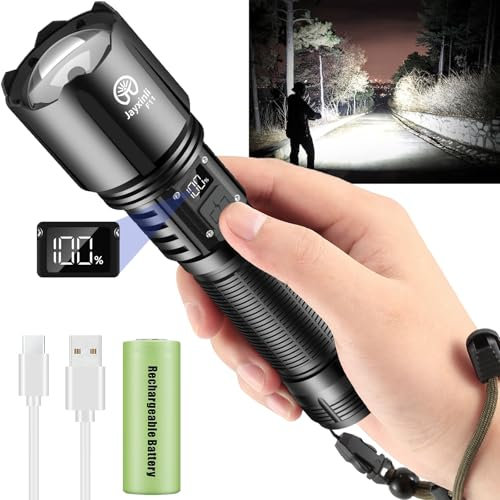 Torches LED Super Bright Rechargeable 500000 Lumens, LED Torch Rechargeable 5 Modes with Power Display, High Power Zoomable Tactical Flashlight Long Throw, Powerful Torches for Camping, Walk a Dog