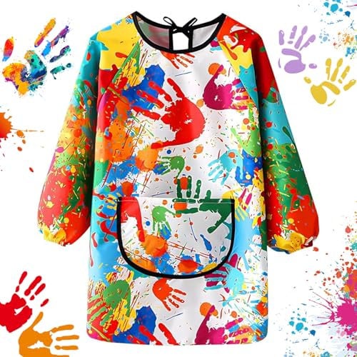 Malschürze Kinder Bunte, Wasserdicht Malkittel, Einstellbar Bastelschürze, Lange Ärmel mit Taschen für 6-12 Jahre Mädchen Junge, für Schule Kunst Malerei
