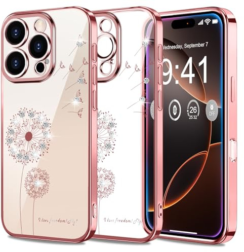 2Buyshop Handyhülle für iPhone 16 Pro Hülle Original Silikon Transparent Löwenzahn Blumen Glitzer Muster Hülle Anti Gelb Kratzfeste Stoßfest Schutzhülle für iPhone 16 Pro Case Cover