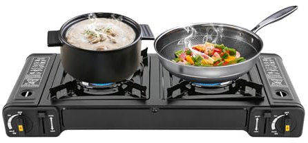 Hornillo de gas para camping portátil, 2 quemadores de gas, color negro, incluye plancha de aluminio fundido, tapa extraíble