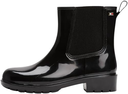 Tommy Hilfiger Donna Stivali in Gomma Hardware Rainboot Lucidi, Nero (Black), 37