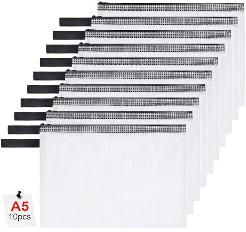 OFFCUP Dokumententasche A5, 10 Stück A5 Datei Taschen mit Reißverschluss, Wasserdichte Mesh Kunststoff Reißverschlusstasche für Datei, Papier, Dokumente, Kosmetika, Hausaufgaben und Reisezubehör