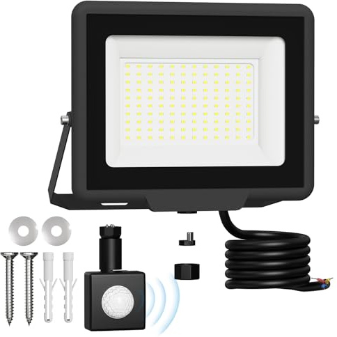 Probapro 100W LED Strahler mit Bewegungsmelder Außen, IP65 Wasserdicht, 6500K Kaltweiß, Abnehmbarer Sensor – Superhelle Flutlicht für Garten, Garage, Hof und Wand