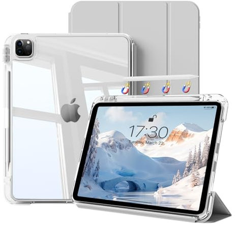 ZOYU Hybrid Case for iPad Pro 11 Inch M4 2024 (5th Generation) with Pencil Holder, Detachable Sliding Cover with Clear Hard Back Shell Auto Wake/Sleep Support Pencil Pro Wireless Charging, Light Gray